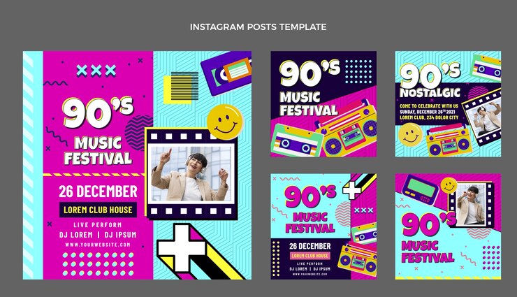 Vector gratuito publicaciones de instagram del festival de música de los 90 de diseño plano