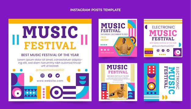 Publicaciones de instagram del festival de música del mosaico del diseño plano