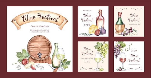 Vector gratuito publicaciones de instagram del festival del vino en acuarela.