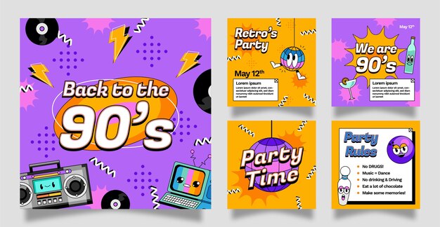 Publicaciones de instagram de fiesta de los 90 de dibujos animados dibujados a mano