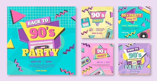 Vector gratuito publicaciones de instagram de fiesta de los 90 de diseño plano dibujado a mano