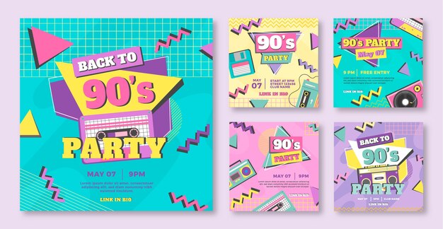 Publicaciones de instagram de fiesta de los 90 de diseño plano dibujado a mano