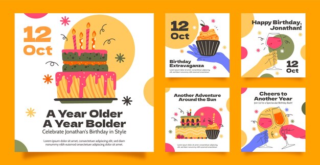 Publicaciones de instagram de fiesta de cumpleaños de diseño plano