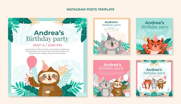 Vector gratuito publicaciones de instagram de la fiesta de cumpleaños de la selva dibujadas a mano