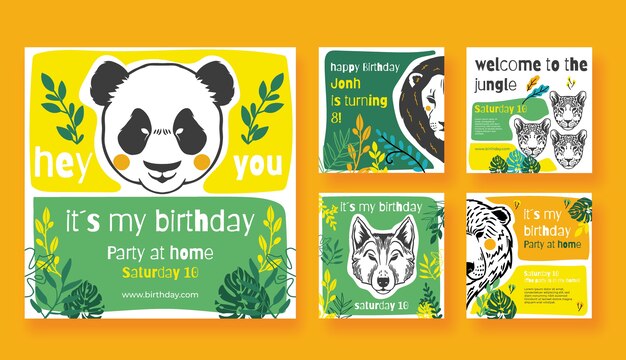 Publicaciones de instagram de la fiesta de cumpleaños de la selva dibujadas a mano