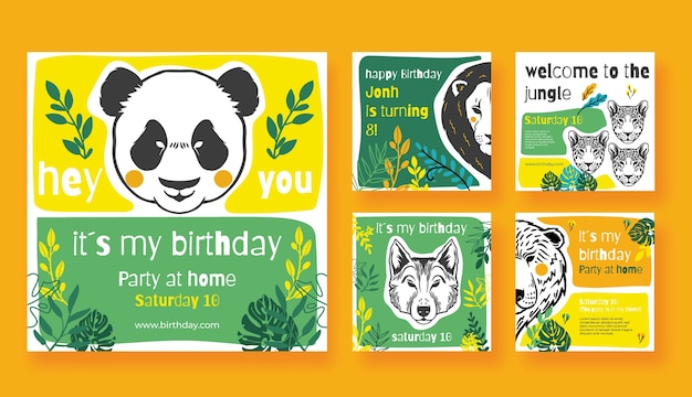 Publicaciones de instagram de la fiesta de cumpleaños de la selva dibujadas a mano