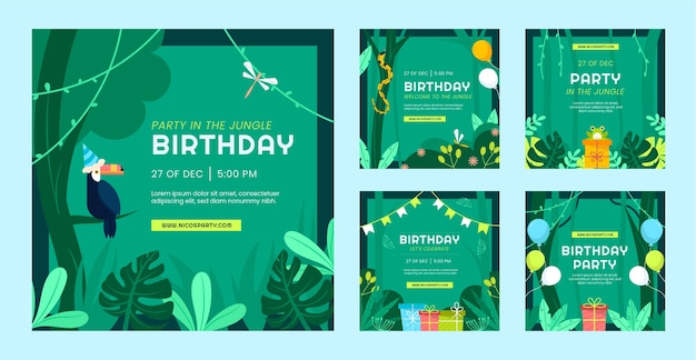 Publicaciones de instagram de la fiesta de cumpleaños de la selva dibujadas a mano