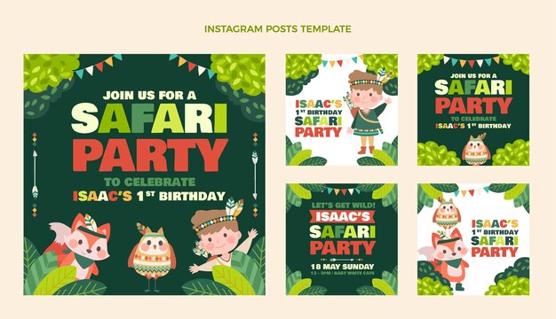 Publicaciones de instagram de la fiesta de cumpleaños de la selva de dibujos animados dibujados a mano