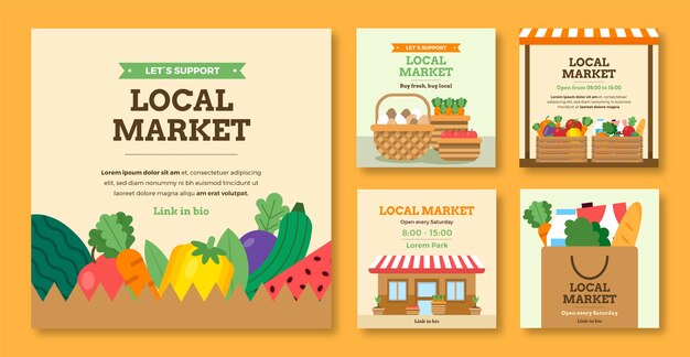 Publicaciones de instagram de mercado local de diseño plano