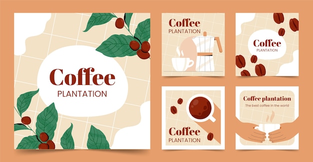 Publicaciones de instagram de plantaciones de café dibujadas a mano