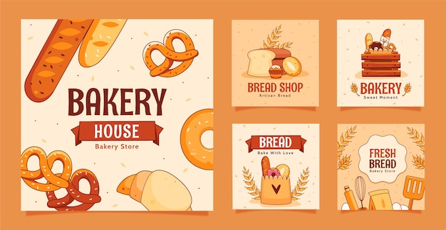 Vector gratuito publicaciones de instagram de productos de panadería.