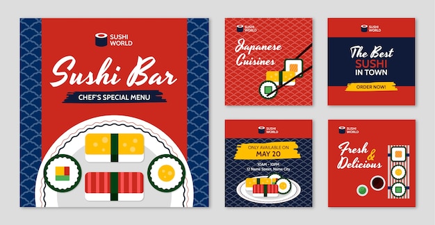Vector gratuito publicaciones de instagram de restaurante japonés de diseño plano