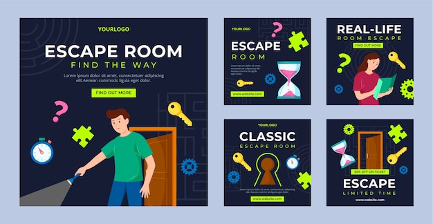 Publicaciones de instagram de sala de escape dibujadas a mano