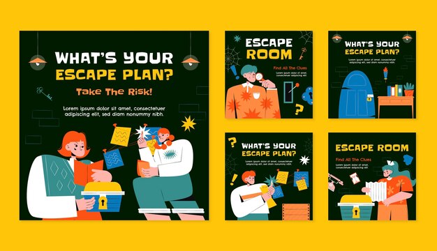 Publicaciones de instagram de sala de escape dibujadas a mano