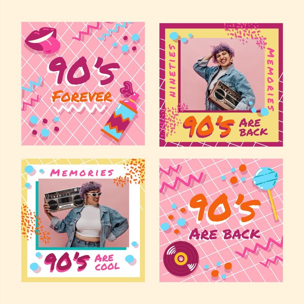 Publicaciones nostálgicas de instagram de los 90 dibujadas a mano con foto