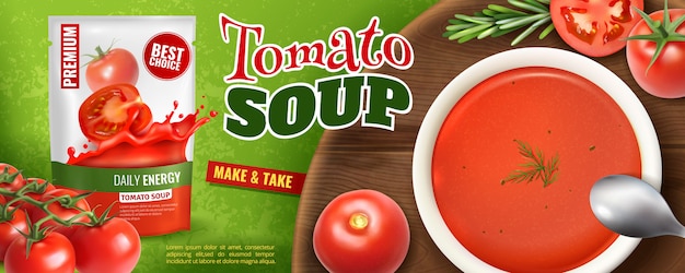 Publicidad realista de sopa de tomate con empaque de marca y tablero de madera con plato lleno de sopa