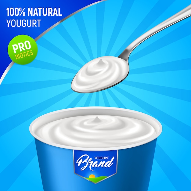 Vector gratuito publicidad realista de yogurt con taza de plástico de marca de yogurt natural con cuchara y texto editable ilustración vectorial