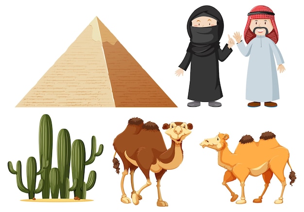 Vector gratuito pueblo árabe con camellos y cactus.