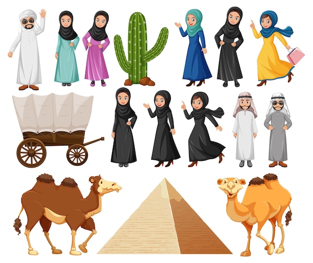 Vector gratuito pueblo árabe con pirámide y camello.
