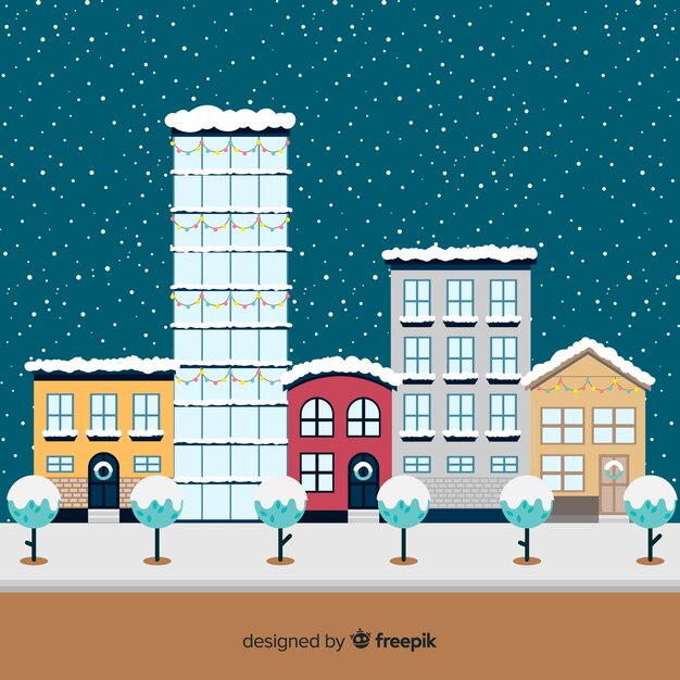 Pueblo navideño adorable con diseño plano