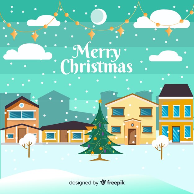 Pueblo navideño adorable con diseño plano