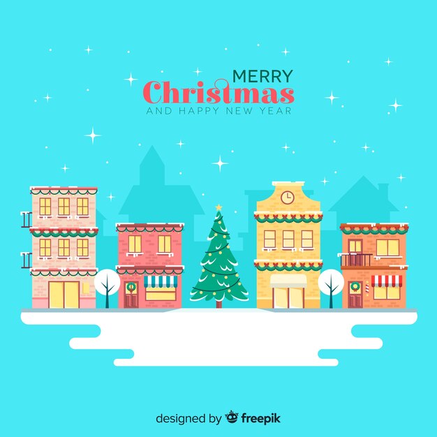 Pueblo navideño adorable con diseño plano