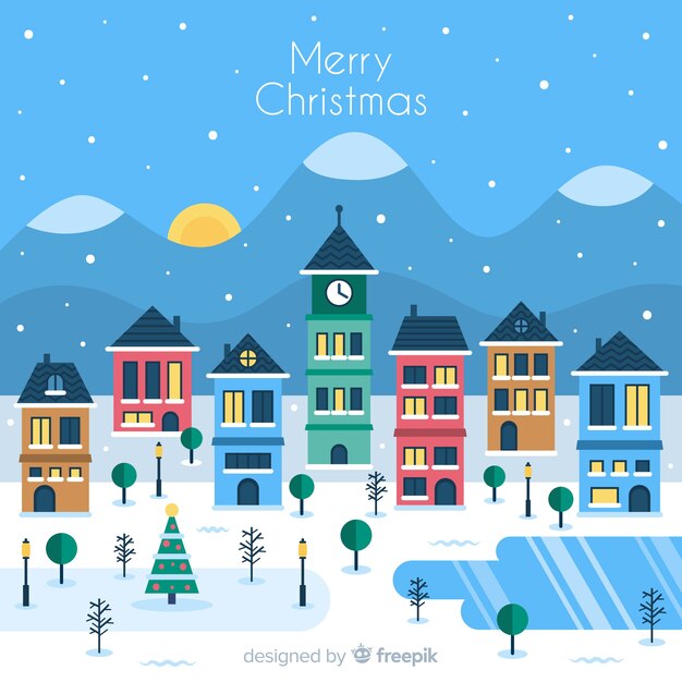 Pueblo navideño adorable con diseño plano