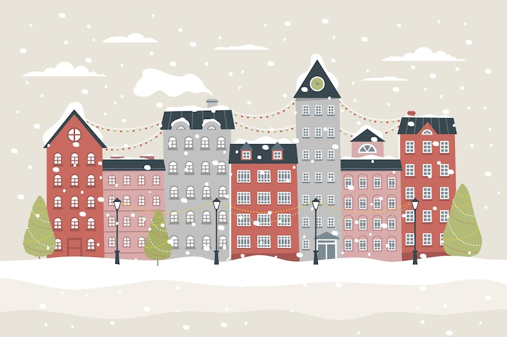 Vector gratuito pueblo navideño dibujado a mano con nieve