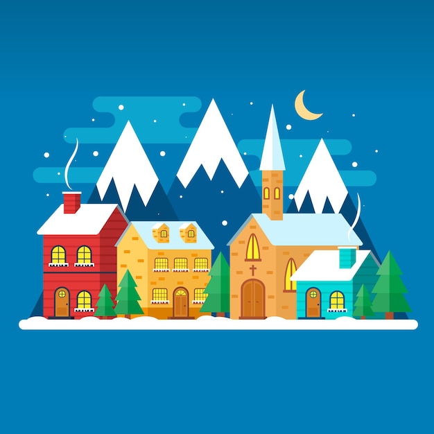 Vector gratuito pueblo navideño en diseño plano