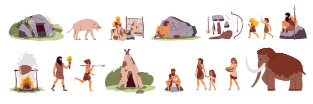 Pueblo primitivo con íconos aislados de la vida de la gente antigua con instrumentos de trabajo de tienda de caza de mamut ilustración vectorial