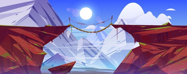 Puente entre montañas cuelgan sobre el acantilado en el paisaje de picos nevados de roca