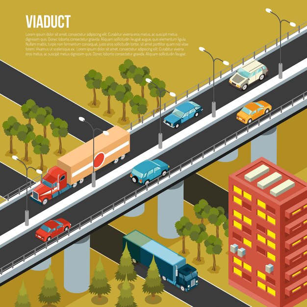 Puente de viaducto vehicular que transporta el tráfico sobre las afueras calles de la ciudad y la ilustración de vector de composición isométrica del valle adyacente