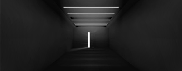 Puerta abierta con luz resplandeciente al final del pasillo.