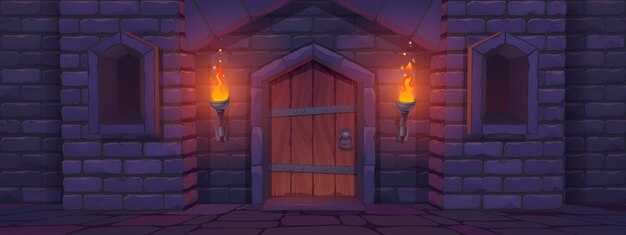 Puerta del castillo medieval por la noche, exterior de entrada al palacio con puerta arqueada y antorchas encendidas. Arquitectura de la torre de la fortaleza, fachada del edificio de la mazmorra de cuento de hadas, pared de ladrillo de piedra, ilustración vectorial de dibujos animados