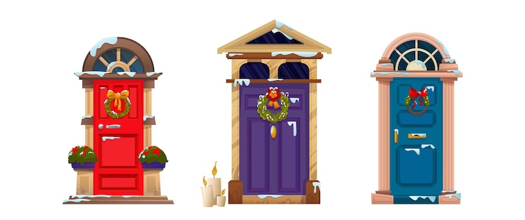 Vector gratuito la puerta decorada con la tradicional corona de navidad
