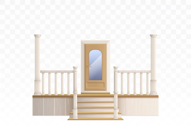 Puerta de entrada de madera con ventana de vidrio y escalera de porche ilustración
