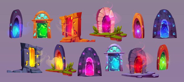 Puerta de juego mágica con portal brillante Ilustración vectorial de dibujos animados conjunto de puertas y marcos fantásticos con jambas de piedra y madera y entrada de teletransporte luminosa de colores brillantes con vapor y niebla