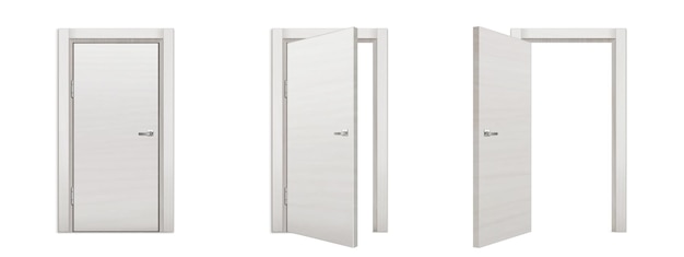 Vector gratuito puerta de madera blanca en posición abierta cerrada entreabierta
