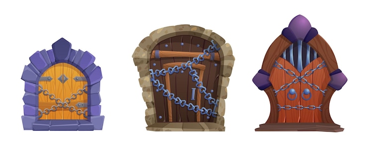 Vector gratuito puerta de madera medieval cerrada con una cadena metálica