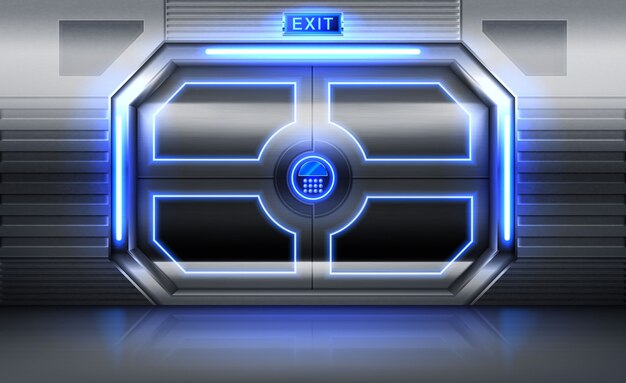 Puerta metálica con letrero de salida, neón brillante y panel con botones para insertar contraseña
