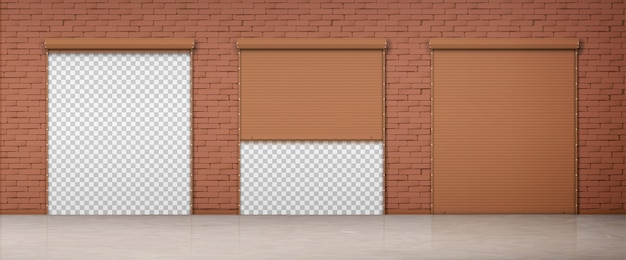 Puerta con persiana marrón en pared de ladrillo