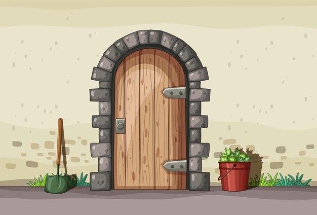 Puerta rústica con herramientas de jardín