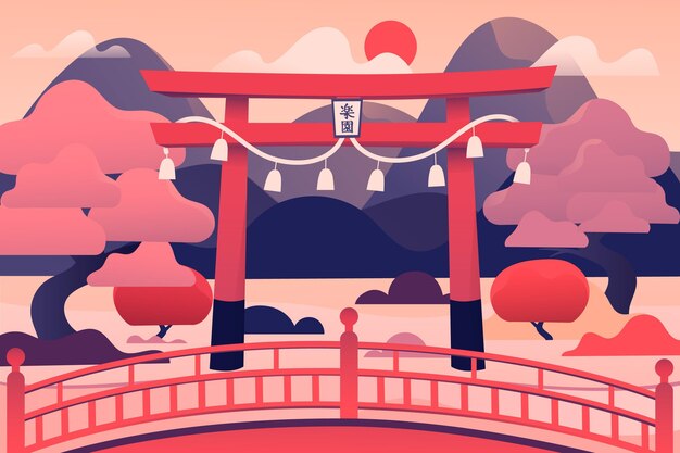 Puerta torii japonesa y árboles rosados