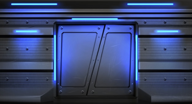 Vector gratuito puertas corredizas de metal antiguo con lámparas de neón brillantes en nave espacial, submarino o laboratorio.