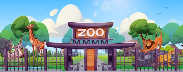 Las puertas de entrada del zoológico con animales exóticos