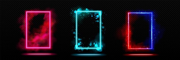 Puertas con luces de neón aisladas en un fondo transparente Ilustración vectorial realista de marcos rectangulares de color rojo turquesa azul portales con efectos de brillo chispeante de humo puerta mágica teletransporte cibernético