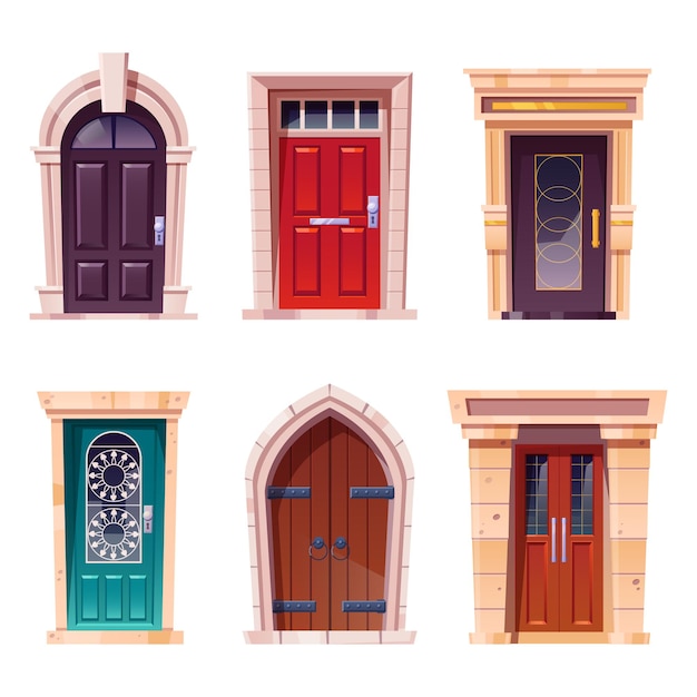 Vector gratuito puertas de madera con entradas de estilo medieval y moderno.