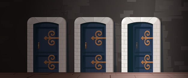 Puertas medievales de madera en arco de piedra en casa antigua, castillo o iglesia. ilustración de dibujos animados vectoriales del interior antiguo con paredes de ladrillo y puertas de madera con mango dorado y bisagras