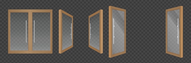 Puertas de vidrio abiertas y cerradas con marcos de madera.