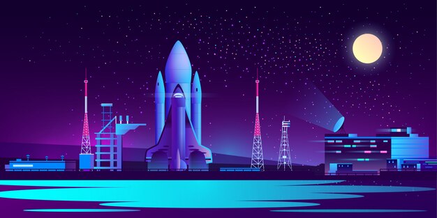 puerto espacial, base por la noche con cohete